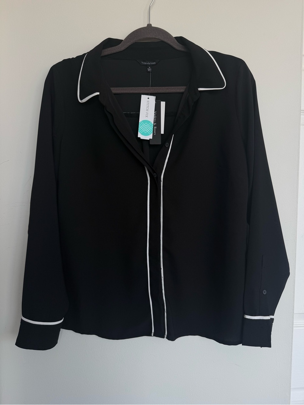 Black Button-Down Shirt with White Piped Trim